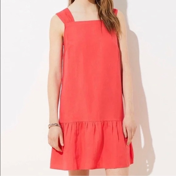 Loft Linen Blend Square Neck Flounce Mini Dress Medium Petite Coral Orange Women - Picture 4 of 8